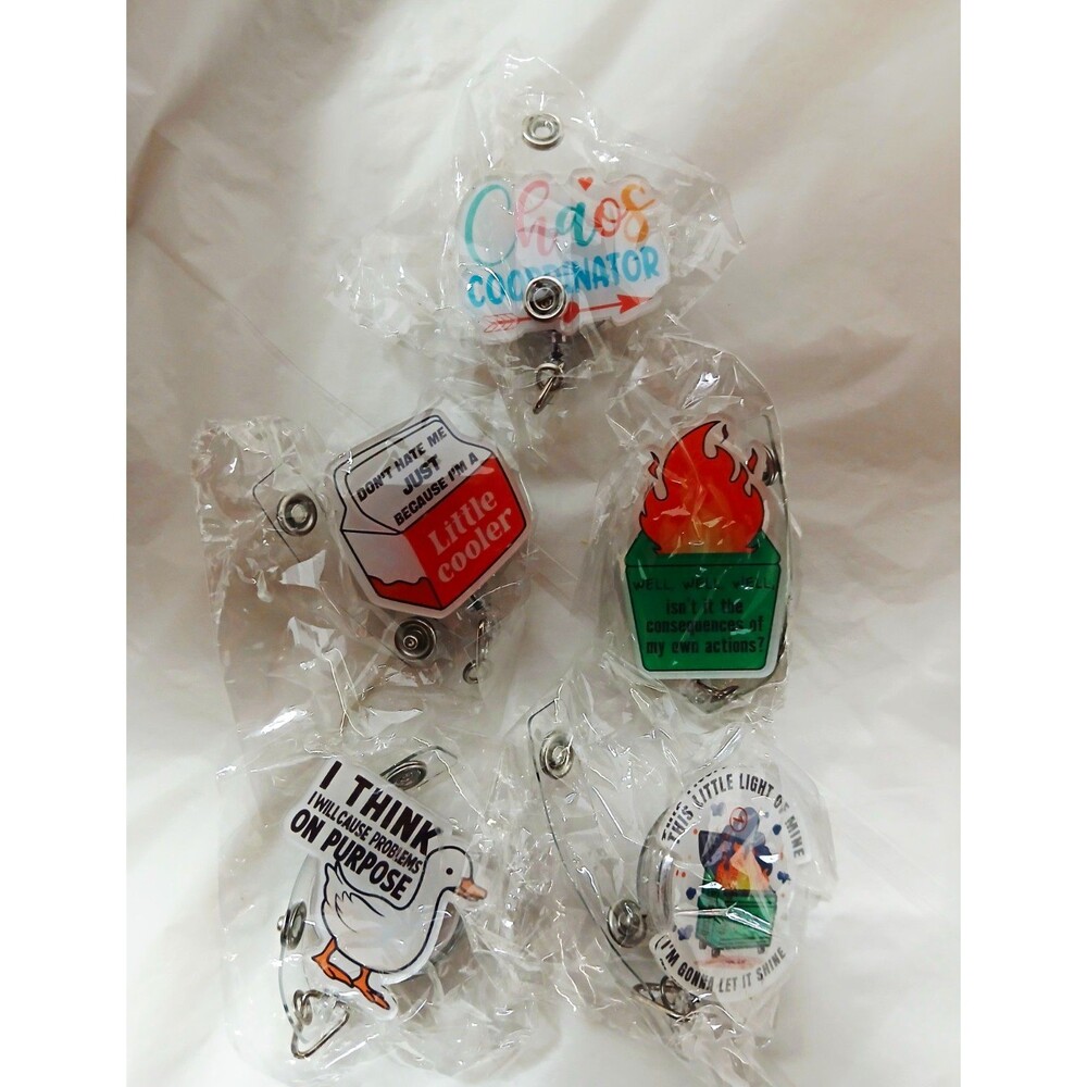 Lot of 5 Retractable Badge Reels ID Holders Funny Sayings, Multicolor